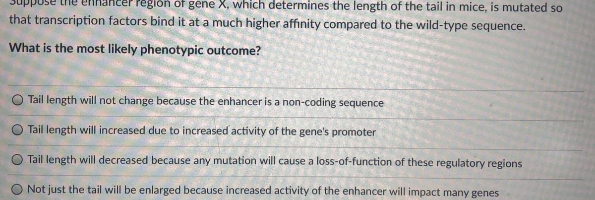 ennar
region of gene X, which determines the length of the tail in mice, is mutated so
that transcription factors bind it at a much higher affinity compared to the wild-type sequence.
What is the most likely phenotypic outcome?
Tail length will not change because the enhancer is a non-coding sequence
Tail length will increased due to increased activity of the gene's promoter
Tail length will decreased because any mutation will cause a loss-of-function of these regulatory regions
Not just the tail will be enlarged because increased activity of the enhancer will impact many genes
