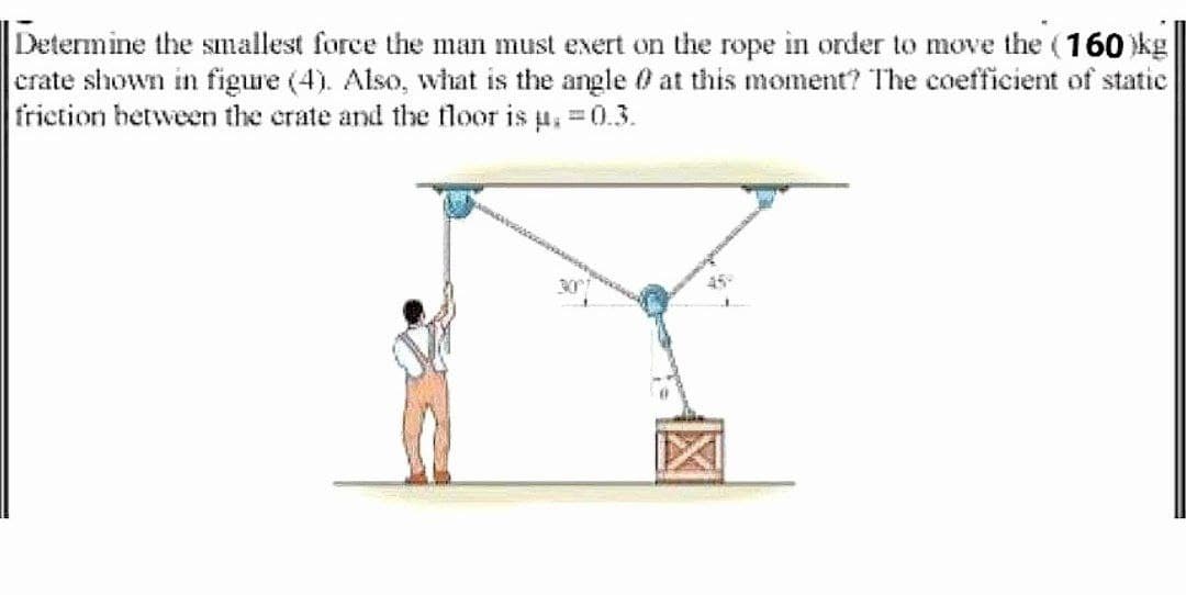 Determine the smallest force the man must exert on the rope in order to move the (160)kg
crate shown in figure (4). Also, what is the angle 0 at this moment? The coefficient of static
friction hetween the crate and the floor is u, 0.3.
