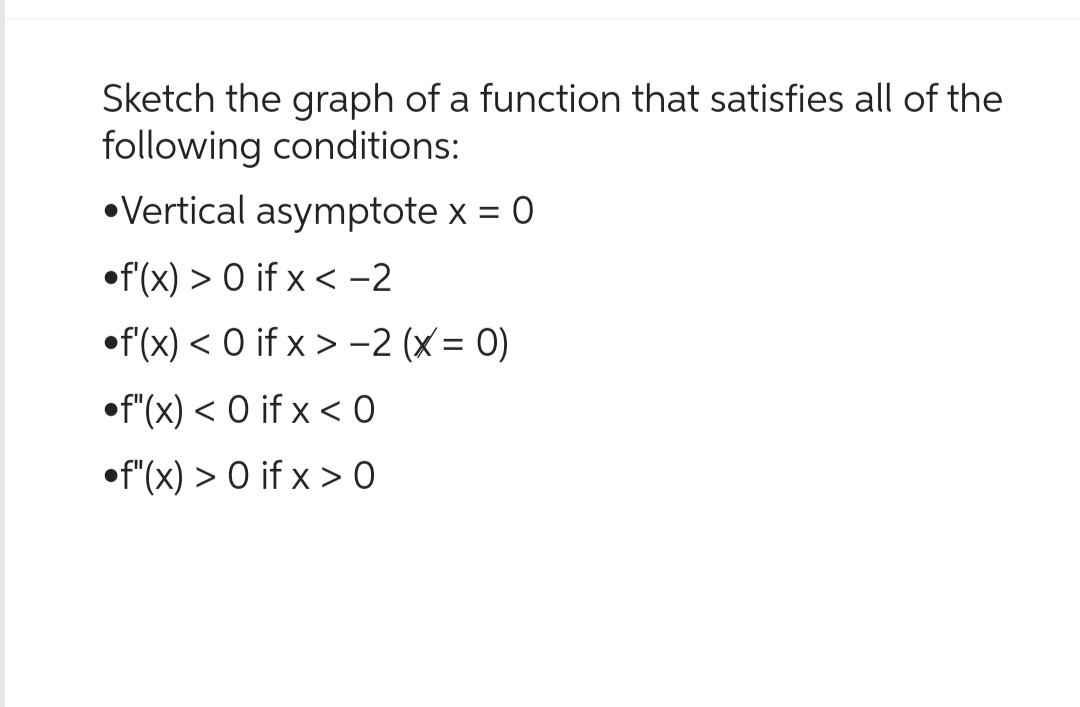 Sketch the graph of a function that satisfies all of the
following conditions:
Vertical asymptote x = 0
f'(x) > 0 if x < -2
f'(x) < 0 if x>-2 (x = 0)
f"(x) < 0 if x < 0
•f"(x) > 0 if x > 0