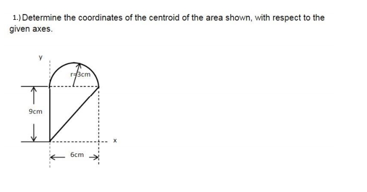 1.) Determine the coordinates of the centroid of the area shown, with respect to the
given axes.
r3cm
9cm
бст
