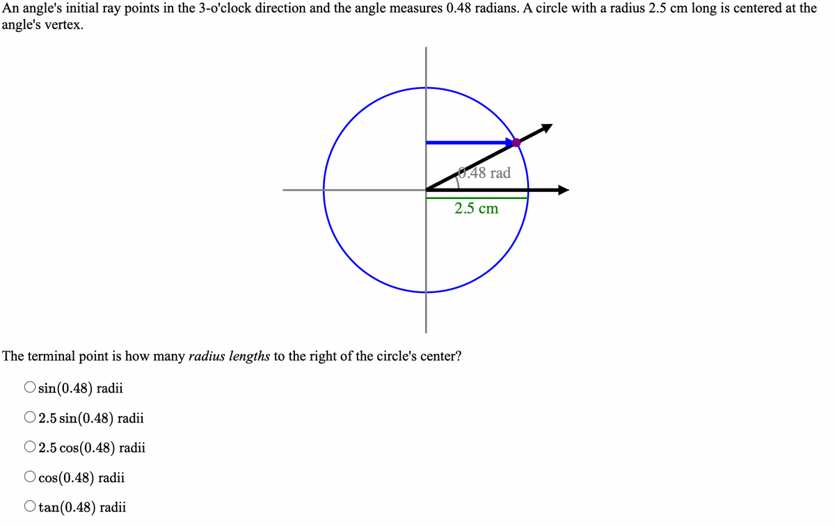An angle's initial ray points in the 3-o'clock direction and the angle measures 0.48 radians. A circle with a radius 2.5 cm long is centered at the
angle's vertex.
G
The terminal point is how many radius lengths to the right of the circle's center?
Osin (0.48) radii
O 2.5 sin(0.48) radii
2.5 cos (0.48) radii
Ocos (0.48) radii
Otan (0.48) radii
0.48 rad
2.5 cm