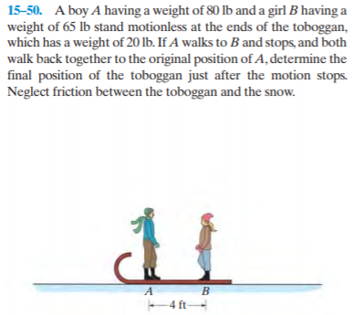 15-50. A boy A having a weight of 8O Ib and a girl B having a
weight of 65 lb stand motionless at the ends of the toboggan,
which has a weight of 20 lb. If A walks to B and stops, and both
walk back together to the original position of A, determine the
final position of the toboggan just after the motion stops.
Neglect friction between the toboggan and the snow.
A B
4 ft-
