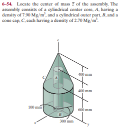 6-54. Locate the center of mass of the assembly. The
assembly consists of a cylindrical center core, A, having a
density of 7.90 Mg/m", and a cylindrical outer part, B, and a
cone cap, C, each having a density of 2.70 Mg/m.
400 mm
400 mm
100 mm
600 mm
300 mm
