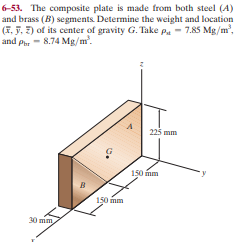6-53. The composite plate is made from both steel (A)
and brass (B) segments. Determine the weight and location
(F. F. E) of its center of gravity G. Take pa - 7.85 Mg/m',
and p. - 8.74 Mg/m.
225 mm
150 mm
150 mm
30 mm
