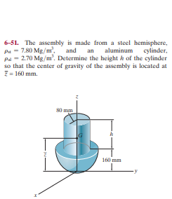 6-51. The assembly is made from a steel hemisphere,
Pa - 7.80 Mg/m, and
Pal - 2.70 Mg/m'. Determine the height h of the cylinder
so that the center of gravity of the assembly is located at
E = 160 mm.
an aluminum cylinder,
80 mm
160 mm
