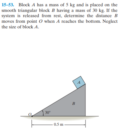 15-53. Block A has a mass of 5 kg and is placed on the
smooth triangular block B having a mass of 30 kg. If the
system is released from rest, determine the distance B
moves from point O when A reaches the bottom. Neglect
the size of block A.
B
30°
0.5 m

