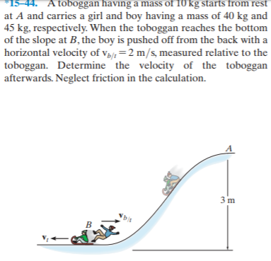 *15-44. A toboggan having a mass of 10 kg starts from rest
at A and carries a girl and boy having a mass of 40 kg and
45 kg, respectively. When the toboggan reaches the bottom
of the slope at B, the boy is pushed off from the back with a
horizontal velocity of v/=2 m/s, measured relative to the
toboggan. Determine the velocity of the toboggan
afterwards. Neglect friction in the calculation.
A
bis
