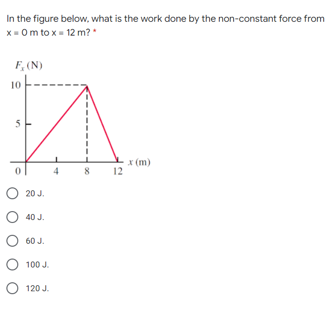 In the figure below, what is the work done by the non-constant force from
x = 0 m to x = 12 m? *
F, (N)
5
x (m)
12
4
8
20 J.
40 J.
60 J.
100 J.
120 J.
