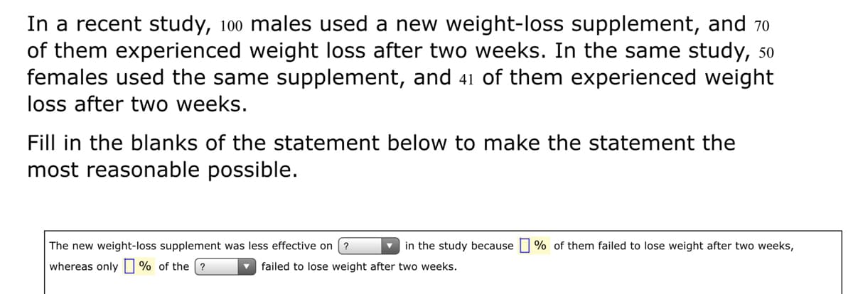 In a recent study, 100 males used a new weight-loss supplement, and 70
of them experienced weight loss after two weeks. In the same study, 50
females used the same supplement, and 41 of them experienced weight
loss after two weeks.
Fill in the blanks of the statement below to make the statement the
most reasonable possible.
The new weight-loss supplement was less effective on
in the study because
% of them failed to lose weight after two weeks,
whereas only| % of the
v failed to lose weight after two weeks.
