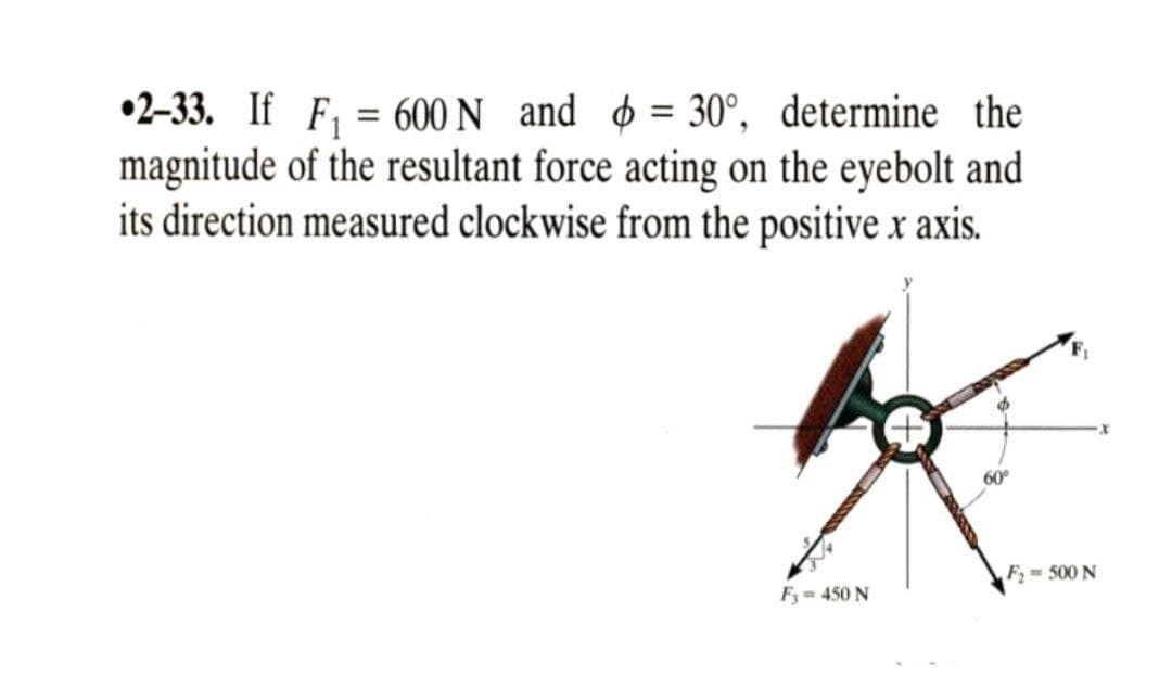 •2-33. If F, = 600 N and ở = 30°, determine the
magnitude of the resultant force acting on the eyebolt and
its direction measured clockwise from the positive x axis.
%3D
%3D
60°
F= 500 N
F3= 450 N
