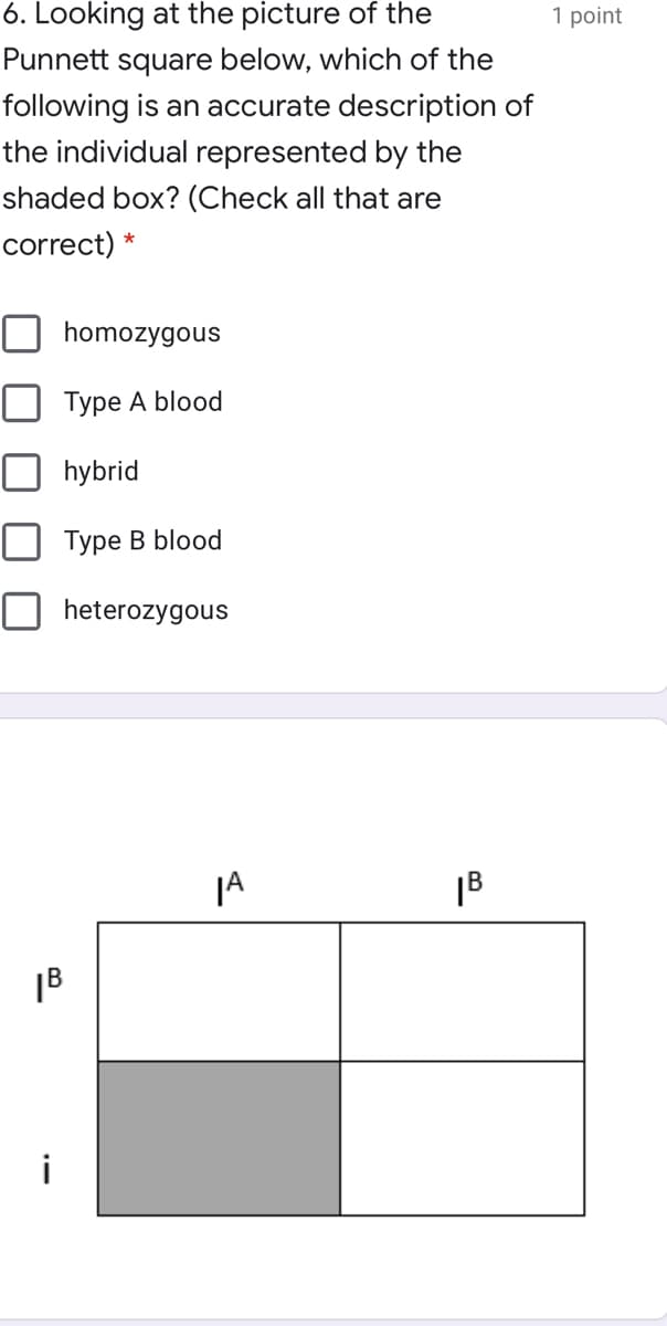 6. Looking at the picture of the
1 point
Punnett square below, which of the
following is an accurate description of
the individual represented by the
shaded box? (Check all that are
correct) *
O homozygous
Туре A blood
hybrid
ОТуре В blood
O heterozygous
JA
|B
i
