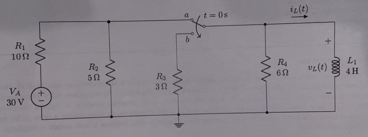 R₁
10Ω
VA
30 V
+1
R₂
5Ω
ww
R3
3Ω
ww
a
b
t=0s
ww
RA
6Ω
ir(t)
vL(t)
2 L₁
4 H