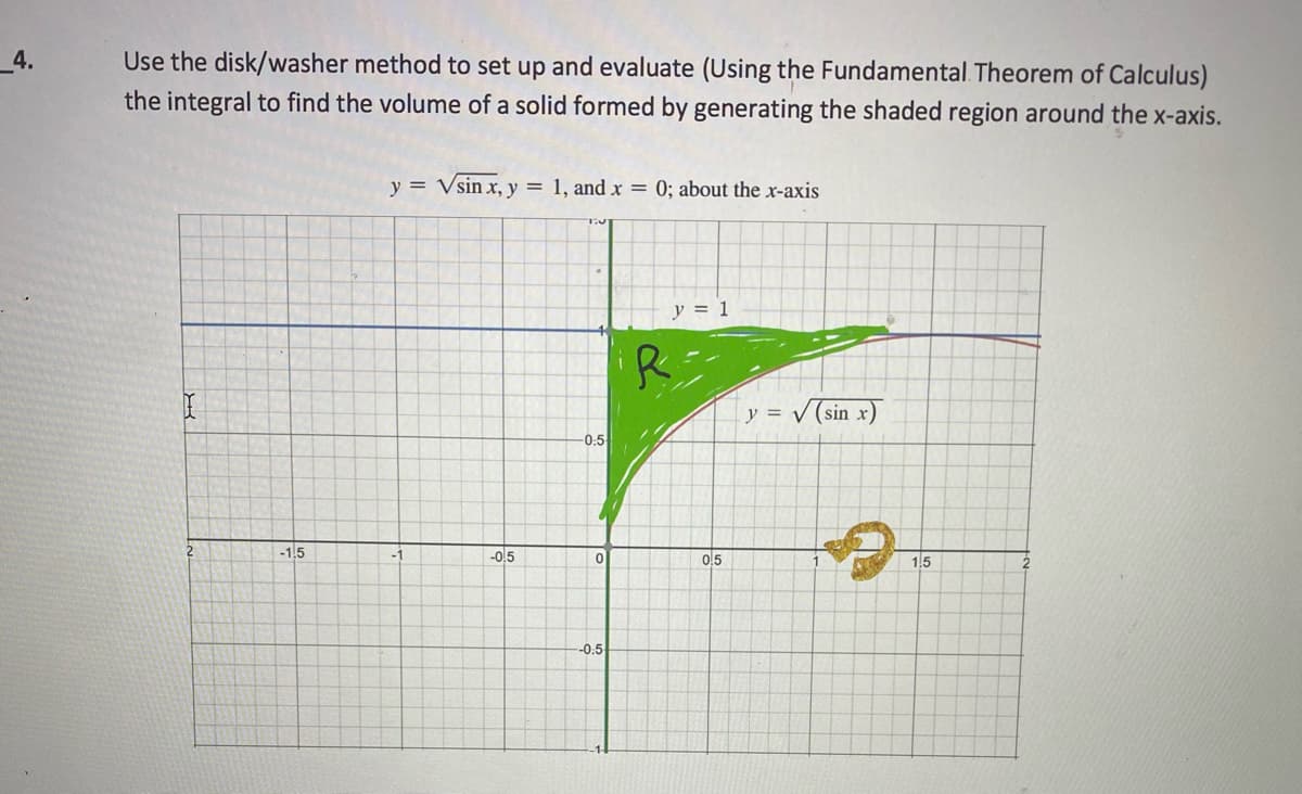 _4.
Use the disk/washer method to set up and evaluate (Using the Fundamental Theorem of Calculus)
the integral to find the volume of a solid formed by generating the shaded region around the x-axis.
y = Vsin x, y = 1, and x = 0; about the x-axis
y = 1
R:
y = (sin x)
-0:5
-1.5
-0.5
0,5
1.5
-0:5
