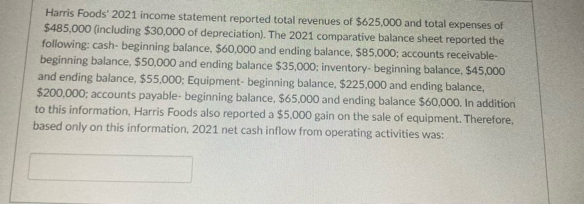 Harris Foods' 2021 income statement reported total revenues of $625,000 and total expenses of
$485,000 (including $30,000 of depreciation). The 2021 comparative balance sheet reported the
following: cash- beginning balance, $60,000 and ending balance, $85,000; accounts receivable-
beginning balance, $50,000 and ending balance $35,000; inventory- beginning balance, $45,000
and ending balance, $55,000; Equipment- beginning balance, $225,000 and ending balance,
$200,000; accounts payable- beginning balance, $65,000 and ending balance $60.000. In addition
to this information, Harris Foods also reported a $5,000 gain on the sale of equipment. Therefore,
based only on this information, 2021 net cash inflow from operating activities was:

