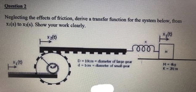 Question 2
Neglecting the effects of friction, derive a transfer function for the system below, from
XI(s) to X3(s). Show your work clearly.
x ₂(t)
soor
M
D=10cm
d1cm
diameter of large gear
diameter of small gear
M - 4kg
K-2N/m