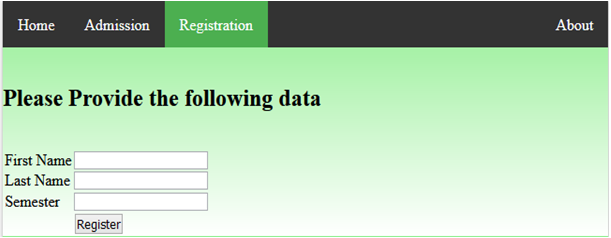 Home
Admission
Registration
About
Please Provide the following data
First Name
Last Name
Semester
Register
