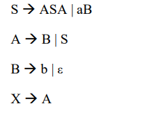 S → ASA | aB
A → B|S
B⇒b|ɛ
X → A
