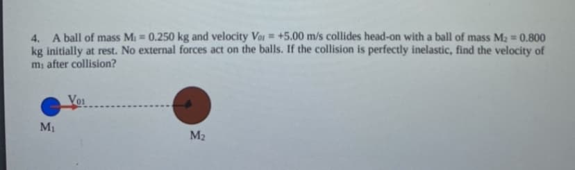 4. A ball of mass Mi = 0.250 kg and velocity Voi = +5.00 m/s collides head-on with a ball of mass M2 = 0.800
kg initially at rest. No external forces act on the balls. If the collision is perfectly inelastic, find the velocity of
m, after collision?
Voi
M1
M2
