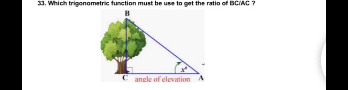 33. Which trigonometric function must be use to get the ratio of BC/AC ?
B
C angle of elevation A