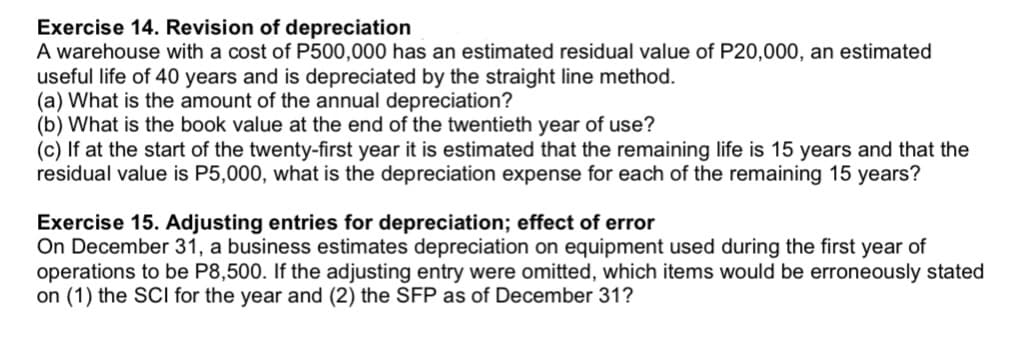 Exercise 14. Revision of depreciation
A warehouse with a cost of P500,000 has an estimated residual value of P20,000, an estimated
useful life of 40 years and is depreciated by the straight line method.
(a) What is the amount of the annual depreciation?
(b) What is the book value at the end of the twentieth year of use?
(c) If at the start of the twenty-first year it is estimated that the remaining life is 15 years and that the
residual value is P5,000, what is the depreciation expense for each of the remaining 15 years?
Exercise 15. Adjusting entries for depreciation; effect of error
On December 31, a business estimates depreciation on equipment used during the first year of
operations to be P8,500. If the adjusting entry were omitted, which items would be erroneously stated
on (1) the SCI for the year and (2) the SFP as of December 31?