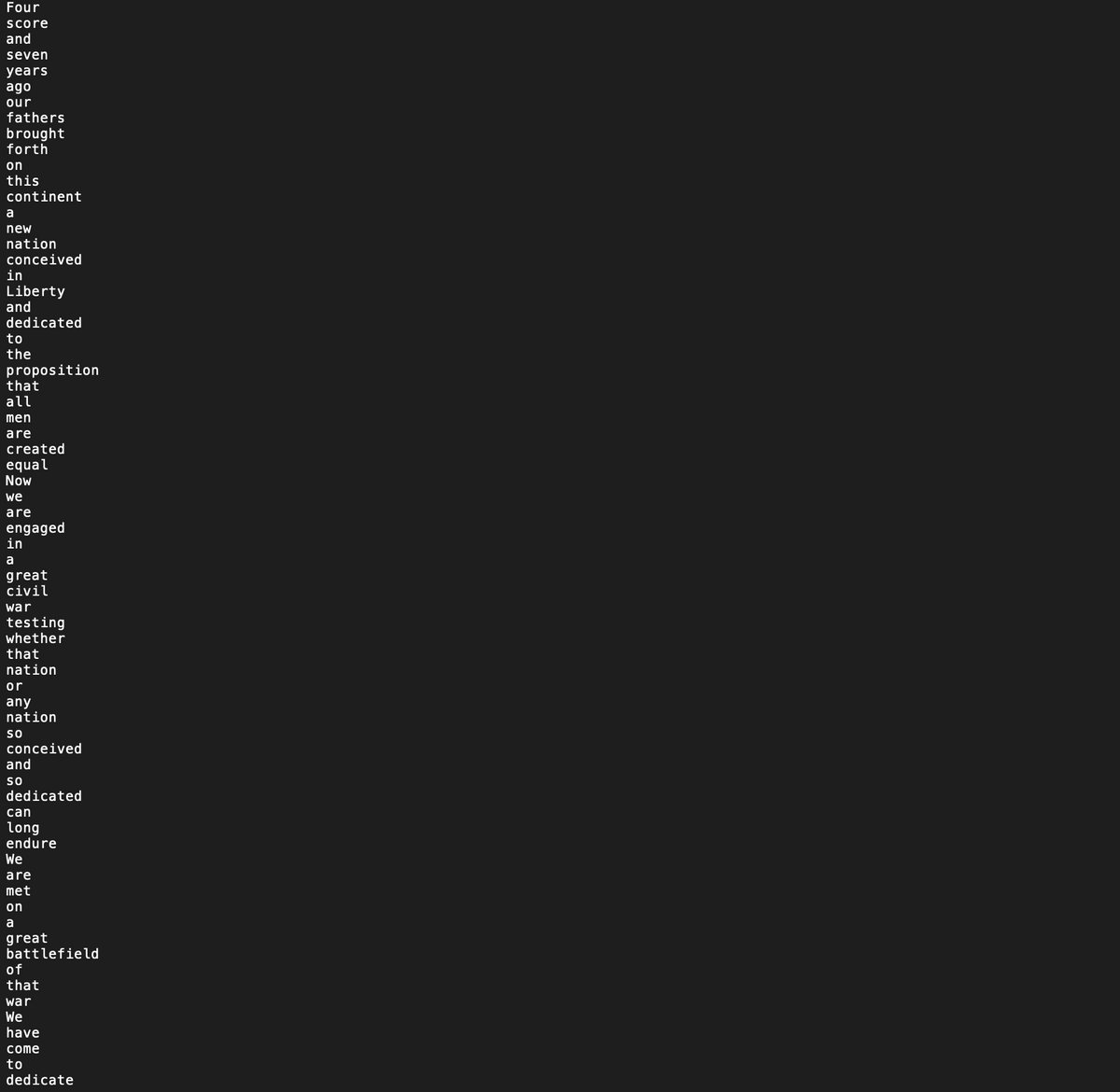 Four
Score
and
seven
years
ago
our
fathers
brought
forth
on
this
continent
a
new
nation
conceived
in
Liberty
and
dedicated
to
the
proposition
that
all
men
are
created
equal
Now
we
are
engaged
in
a
great
civil
war
testing
whether
that
nation
or
any
nation
so
conceived
and
so
dedicated
can
long
endure
We
are
met
on
a
great
battlefield
of
that
war
We
have
come
to
dedicate
