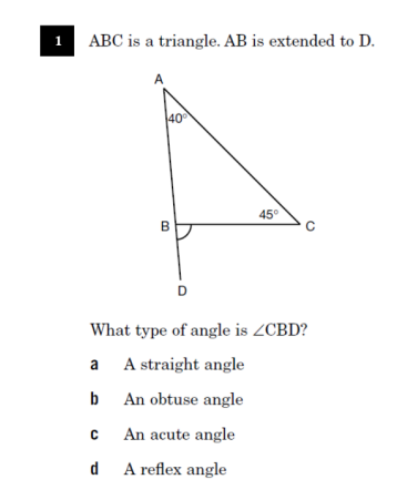 ABC is a triangle. AB is extended to D.
40
45°
B
D
What type of angle is ZCBD?
a A straight angle
b An obtuse angle
An acute angle
d A reflex angle
