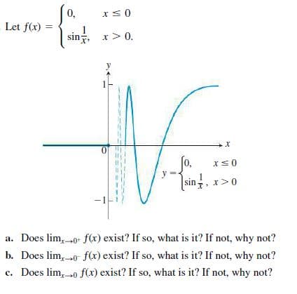 0,
Let f(x)
sin, x> 0.
y
[o,
y
sin, x>0
-1
a. Does lim,-0+ f(x) exist? If so, what is it? If not, why not?
b. Does lim,0 f(x) exist? If so, what is it? If not, why not?
c. Does lim, 0 f(x) exist? If so, what is it? If not, why not?
