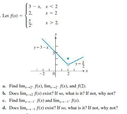 3 - x, x < 2
x = 2
2,
- Let f(x)
=
x > 2.
y=3-x
-2
a. Find lim,2- f(x), lim, 2- f(x), and f(2).
b. Does lim,2 f(x) exist? If so, what is it? If not, why not?
c. Find lim,-r f(x) and lim,- f(x).
d. Does lim,-1 f(x) exist? If so, what is it? If not, why not?
