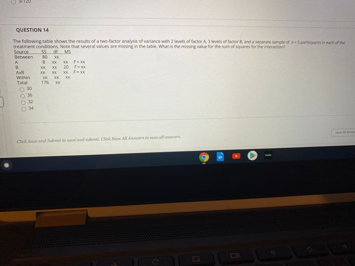 3/120
QUESTION 14
The following table shows the results of a two-factor analysis of variance with 2 levels of factor A, 3 levels of factor B, and a separate sample of n = 5 participants in each of the
treatment conditions. Note that several values are missing in the table. What is the missing value for the sum of squares for'the interaction?
Source
Between
A
SS
df
MS
80
XX
8.
XX
XX
F = XX
XX
XX
20
F = XX
F = XX
AxB
Within
Total
XX
XX
XX
XX
XX
XX
176
XX
30
36
32
34
Save All Answe
Click Save and Submit to save and submit. Click Save All Answers to save all answers.
hulu
Co
