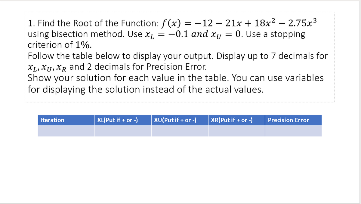 1. Find the Root of the Function: f(x) = -12- 21x + 18x² - 2.75x³
-0.1 and xu 0. Use a stopping
using bisection method. Use xL
criterion of 1%.
Iteration
=
Follow the table below to display your output. Display up to 7 decimals for
XL, XU, XR and 2 decimals for Precision Error.
Show your solution for each value in the table. You can use variables
for displaying the solution instead of the actual values.
XL(Put if + or -)
=
XU(Put if + or -)
XR(Put if + or -)
Precision Error