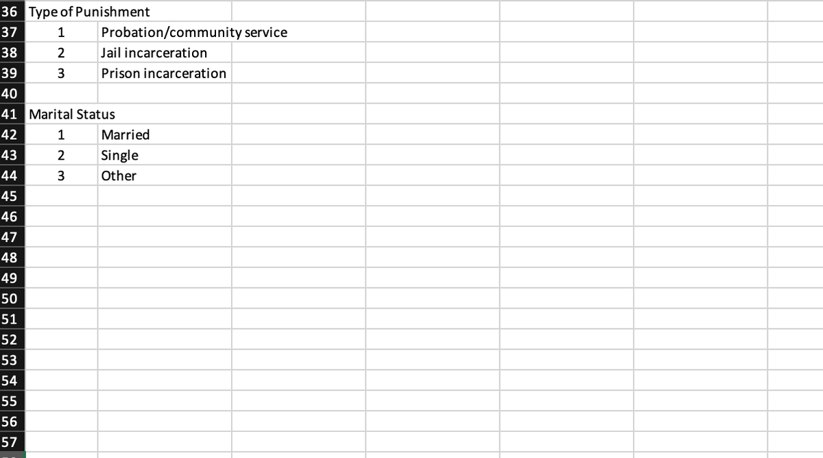 36 Type of Punishment
37
1
Probation/community service
38
2
Jail incarceration
39
3
Prison incarceration
40
41 Marital Status
42
1
Married
43
Single
44
3
Other
45
46
47
48
49
50
51
52
53
54
55
56
57
