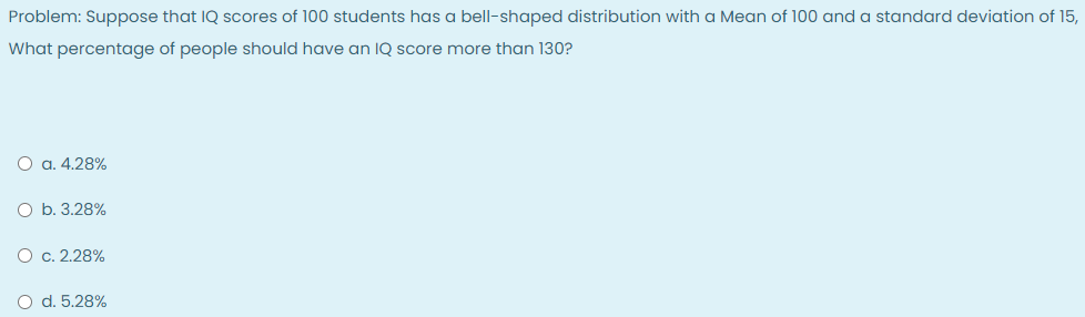 Problem: Suppose that IQ scores of 100 students has a bell-shaped distribution with a Mean of 100 and a standard deviation of 15,
What percentage of people should have an IQ score more than 130?
O a. 4.28%
O b. 3.28%
O c. 2.28%
O d. 5.28%
