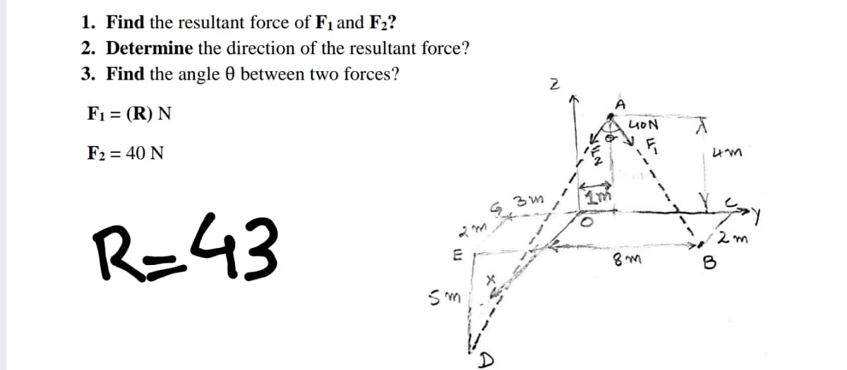 1. Find the resultant force of F1 and F2?
2. Determine the direction of the resultant force?
3. Find the angle 0 between two forces?
A
F1 = (R) N
yON
F2 = 40 N
ルれ
R=43
2 m
