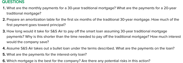 QUESTIONS
1. What are the monthly payments for a 30-year traditional mortgage? What are the payments for a 20-year
traditional mortgage?
2. Prepare an amortization table for the first six months of the traditional 30-year mortgage. How much of the
first payment goes toward principal?
3. How long would it take for S&S Air to pay off the smart loan assuming 30-year traditional mortgage
payments? Why is this shorter than the time needed to pay off the traditional mortgage? How much interest
would the company save?
4. Assume S&S Air takes out a bullet loan under the terms described. What are the payments on the loan?
5. What are the payments for the interest-only loan?
6. Which mortgage is the best for the company? Are there any potential risks in this action?
