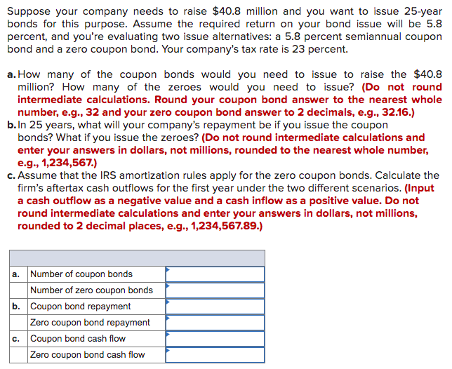 Suppose your company needs to raise $40.8 million and you want to issue 25-year
bonds for this purpose. Assume the required return on your bond issue will be 5.8
percent, and you're evaluating two issue alternatives: a 5.8 percent semiannual coupon
bond and a zero coupon bond. Your company's tax rate is 23 percent.
a. How many of the coupon bonds would you need to issue to raise the $40.8
million? How many of the zeroes would you need to issue? (Do not round
intermediate calculations. Round your coupon bond answer to the nearest whole
number, e.g., 32 and your zero coupon bond answer to 2 decimals, e.g., 32.16.)
b.In 25 years, what will your company's repayment be if you issue the coupon
bonds? What if you issue the zeroes? (Do not round intermediate calculations and
enter your answers in dollars, not millions, rounded to the nearest whole number,
e.g., 1,234,567.)
c. Assume that the IRS amortization rules apply for the zero coupon bonds. Calculate the
firm's aftertax cash outflows for the first year under the two different scenarios. (Input
a cash outflow as a negative value and a cash inflow as a positive value. Do not
round intermediate calculations and enter your answers in dollars, not millions,
rounded to 2 decimal places, e.g., 1,234,567.89.)
a. Number of coupon bonds
Number of zero coupon bonds
b. Coupon bond repayment
Zero coupon bond repayment
c. Coupon bond cash flow
Zero coupon bond cash flow
