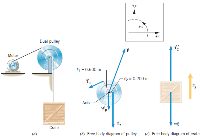 +T
+X
Dual pulley
Motor
lj = 0.600 m-
·l2 = 0.200 m
Аxis
'mg
Crate
(a)
(b) Free-body diagram of pulley
(c) Free-body diagram of crate
