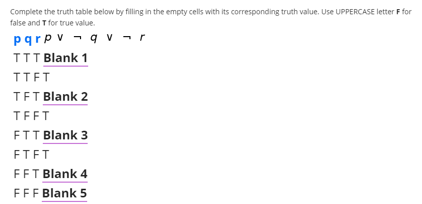 Complete the truth table below by filling in the empty cells with its corresponding truth value. Use UPPERCASE letter F for
false and T for true value.
pqrp v
q v - r
TTT Blank 1
TTFT
TET Blank 2
TEFT
EIT Blank 3
ETET
FET Blank 4
FFF Blank 5
