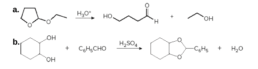 a.
H30+
но
"ОН
H.
b.
HO
H2SO4
CgHsCHO
C6H5
Нао
"Он
