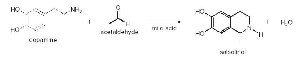 но.
NH2
Но,
H.
Но
но
mild acid
acetaldehyde
Но
H.
dopamine
salsolinol
