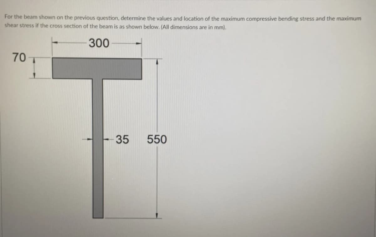 For the beam shown on the previous question, determine the values and location of the maximum compressive bending stress and the maximum
shear stress if the cross section of the beam is as shown below. (All dimensions are in mm).
300
70
35
550
