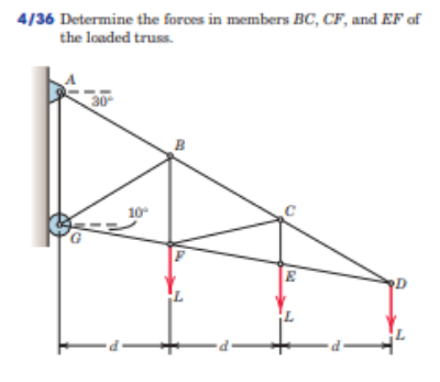 4/36 Determine the forces in members BC, CF, and EF of
the loaded truss.
30
B
10
