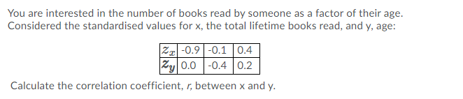 You are interested in the number of books read by someone as a factor of their age.
Considered the standardised values for x, the total lifetime books read, and y, age:
Zz -0.9 |-0.1 |0.4
Zy 0.0 -0.4| 0.2
Calculate the correlation coefficient, r, between x and y.
