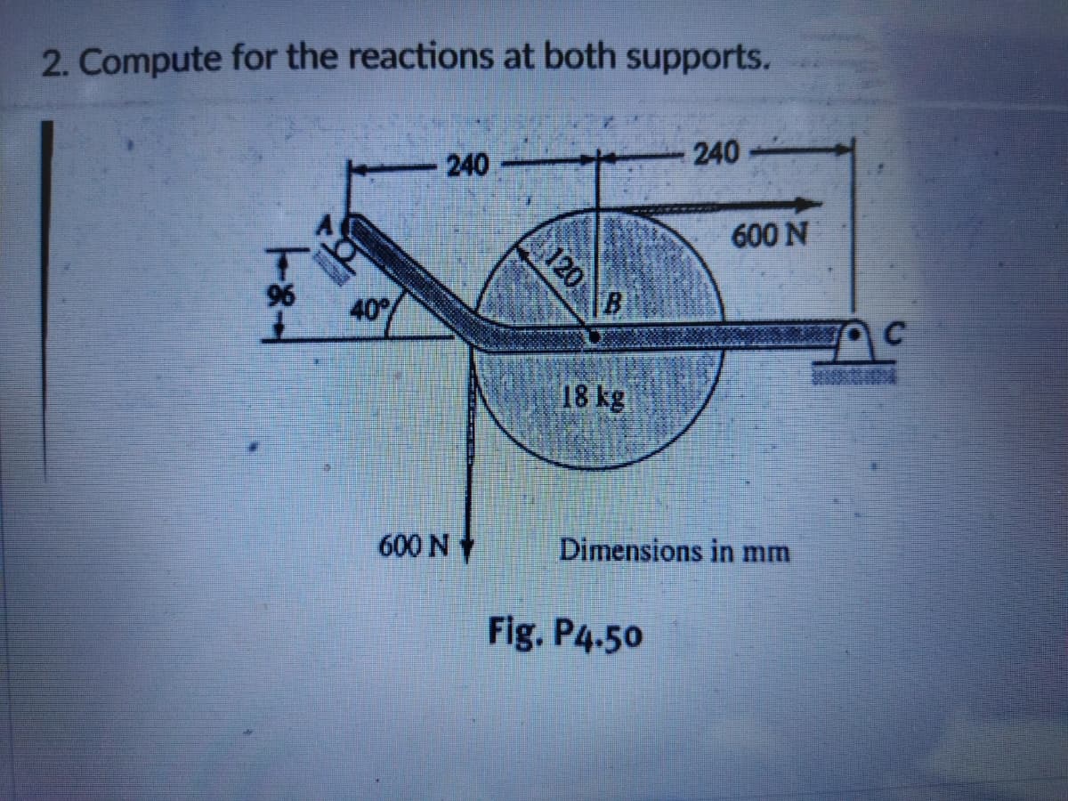 2. Compute for the reactions at both supports.
240
240
600 N
120
96
40
18 kg
600 N
Dimensions in mm
Fig. P4.50
