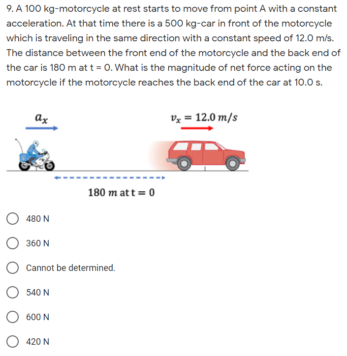 9. A 100 kg-motorcycle at rest starts to move from point A with a constant
acceleration. At that time there is a 500 kg-car in front of the motorcycle
which is traveling in the same direction with a constant speed of 12.0 m/s.
The distance between the front end of the motorcycle and the back end of
the car is 180 m at t = 0. What is the magnitude of net force acting on the
motorcycle if the motorcycle reaches the back end of the car at 10.0 s.
ax
Vx = 12.0 m/s
180 m att = 0
480 N
360 N
Cannot be determined.
540 N
600 N
420 N

