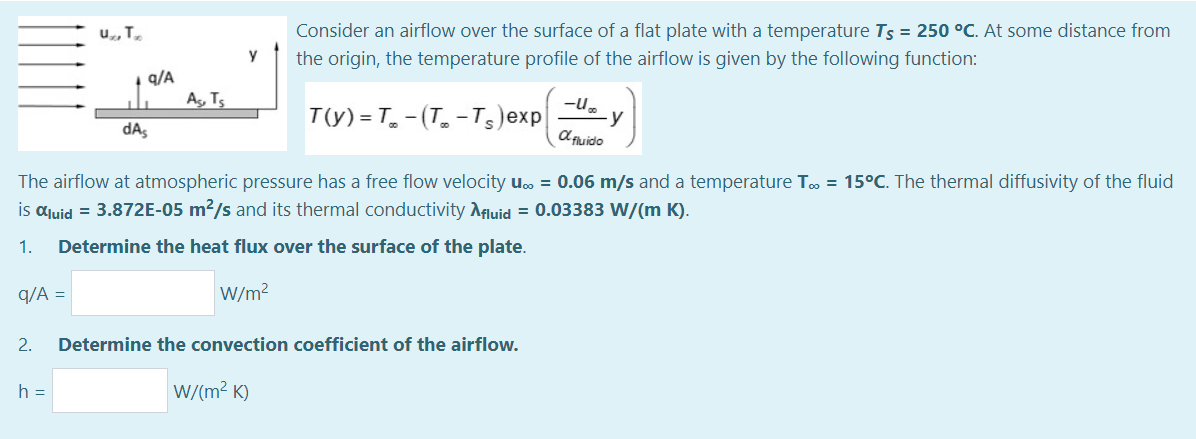 Consider an airflow over the surface of a flat plate with a temperature Ts = 250 °C. At some distance from
y
the origin, the temperature profile of the airflow is given by the following function:
q/A
As, Ts
T(y) = T, -(T. -T3)exp
-u.
y
a fluido
dAs
The airflow at atmospheric pressure has a free flow velocity u.. = 0.06 m/s and a temperature T = 15°C. The thermal diffusivity of the fluid
is aluid = 3.872E-05 m?/s and its thermal conductivity Afluid = 0.03383 W/(m K).
1.
Determine the heat flux over the surface of the plate.
q/A =
W/m?
2.
Determine the convection coefficient of the airflow.
h =
W/(m² K)
