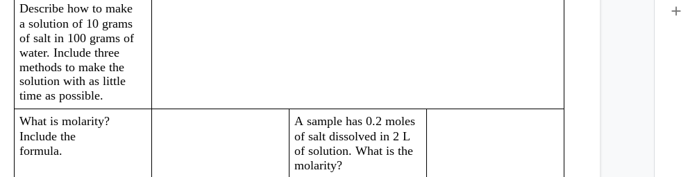 Describe how to make
+
a solution of 10 grams
of salt in 100 grams of
water. Include three
methods to make the
solution with as little
time as possible.
What is molarity?
A sample has 0.2 moles
Include the
of salt dissolved in 2 L
formula.
of solution. What is the
molarity?
