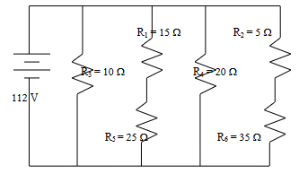112 V
=
Ω
: 10 Ω
R₁ F 15 Q
Wa
R = 250
R₂ = 50
20 £2
in
R$ = 35 2