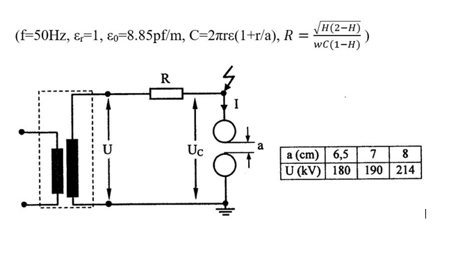 H(2-H)
(f=50HZ, &=1, ɛ0=8.85pf/m, C=2rre(1+r/a), R =
%3D
wC(1-H)
R
Uc
U
a
a (cm) 6,5 7
U (kV) 180 | 190 | 214
8

