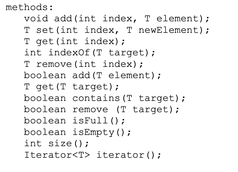 methods:
void add(int index, T element);
T set (int index, T newElement);
T get (int index);
int indexOf(T target);
T remove (int index);
boolean add (T element);
T get (T target);
boolean contains (T target);
boolean remove (T target);
boolean isFull();
boolean iSEmpty();
int size ();
Iterator<T> iterator ();
