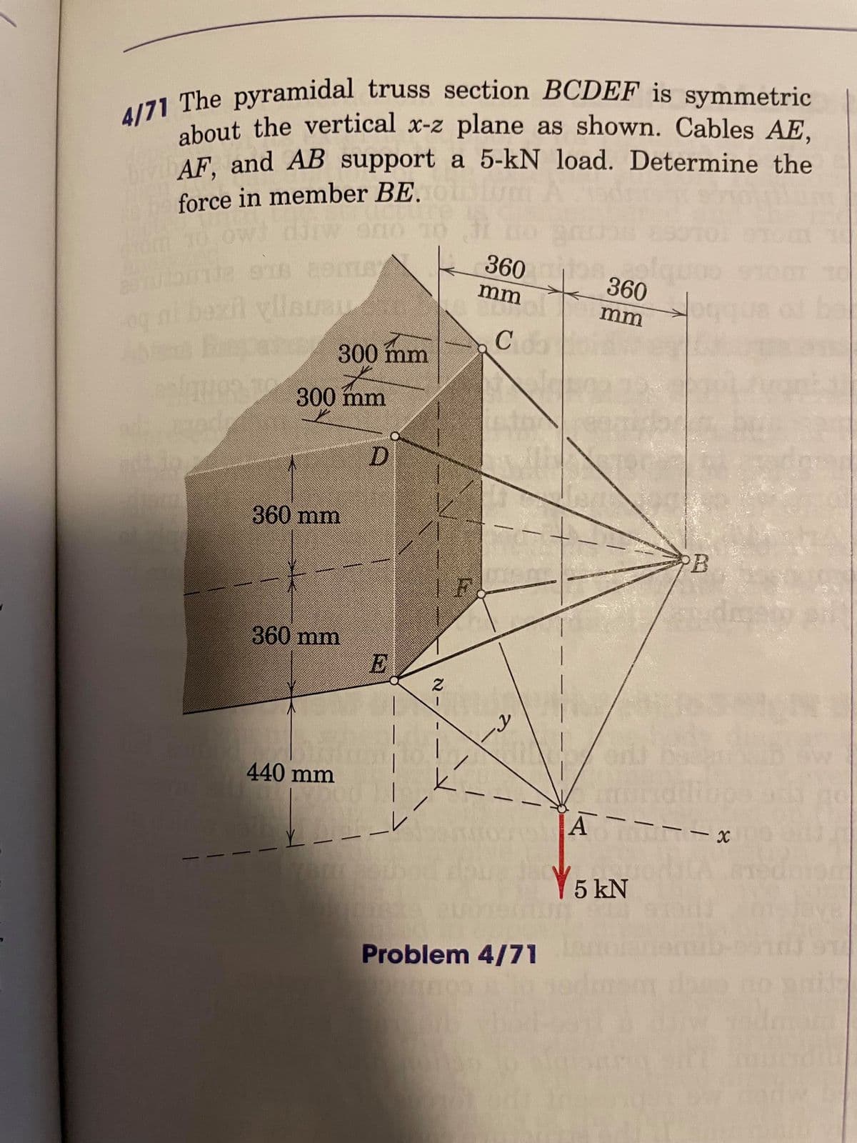 4/71 The pyramidal truss section BCDEF is symmetric
about the vertical x-z plane as shown. Cables AE.
AF, and AB support a 5-kN load. Determine the
force in member BE.
10 ow diw ono
360
360
mm
mm
bexil vllsuau
C
300 mm
alqug 300 mm
D
360 mm
PB
360 mm
440 mm
A
5 kN
Problem 4/71
